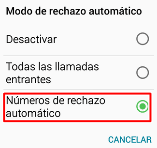 Marca números de rechazo automático en el menú de modo de rechazo automático