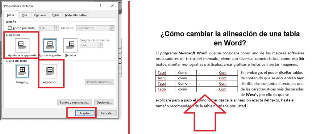Alinear una tabla en el texto de Word