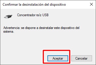 Da clic en aceptar y deja que se desinstale el controlador