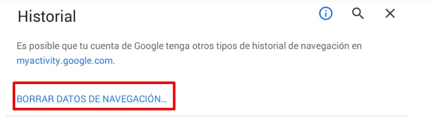 Toca borrar datos de navegación en el Google Chrome para android