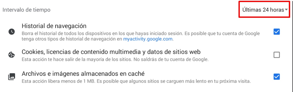 Toca el menú desplegable que marca ultimas 24 horas en google chrome para android