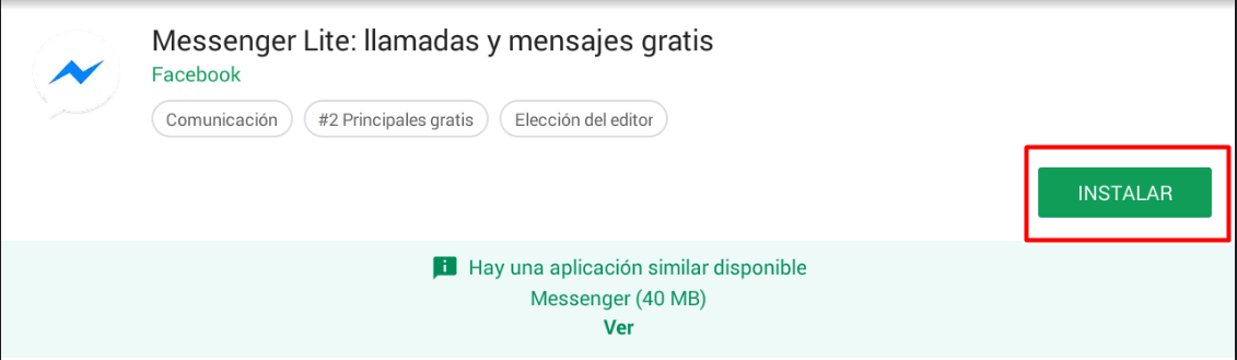 Selecciona instalar en la descripcion de messenger lite