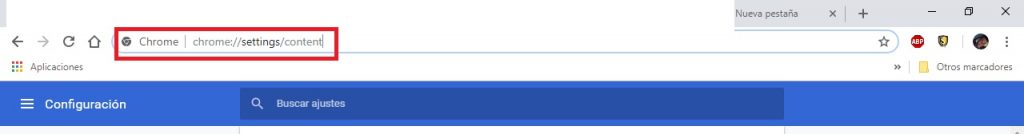 Ruta de configuraciones en Google Chrome