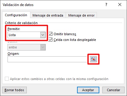 Configura los criterios de validación en excel