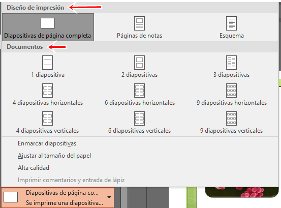 Selecciona el formato de impresión que desees en Power Point