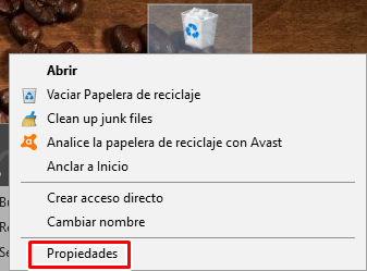 Clic derecho en la papelera de reciclaje y selecciona propiedades