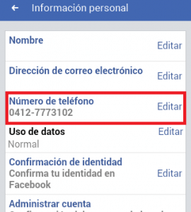 Opción de numero de teléfono en Facebook