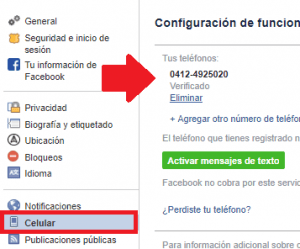 Eliminar numero de teléfono en Facebook