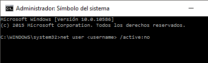 Insertar el comando net user <username> /active:no para deshabilitar un usuario