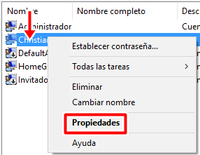 Haz clic derecho sobre un usuario y selecciona propiedades