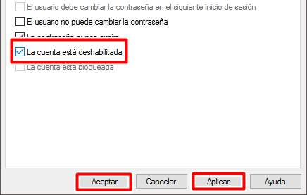 Marca la casilla la cuenta está deshabilitada para deshabilitar la cuenta