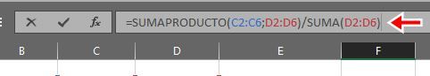 Escribe en la barra de fórmulas la fórmula =SUMAPRODUCTO(C2:C6;D2:D6)/SUM(D2:D6) y presiona intro en Excel