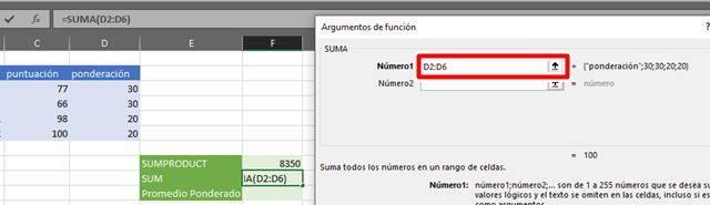 Vacía los datos de la columna ponderaciones en Excel y haz clic en aceptar