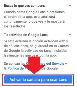 Activar la cámara para usar Google Lens